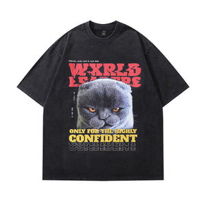 Angry cat t-shirt world leaders tee y2k cartoon top in vintage grey