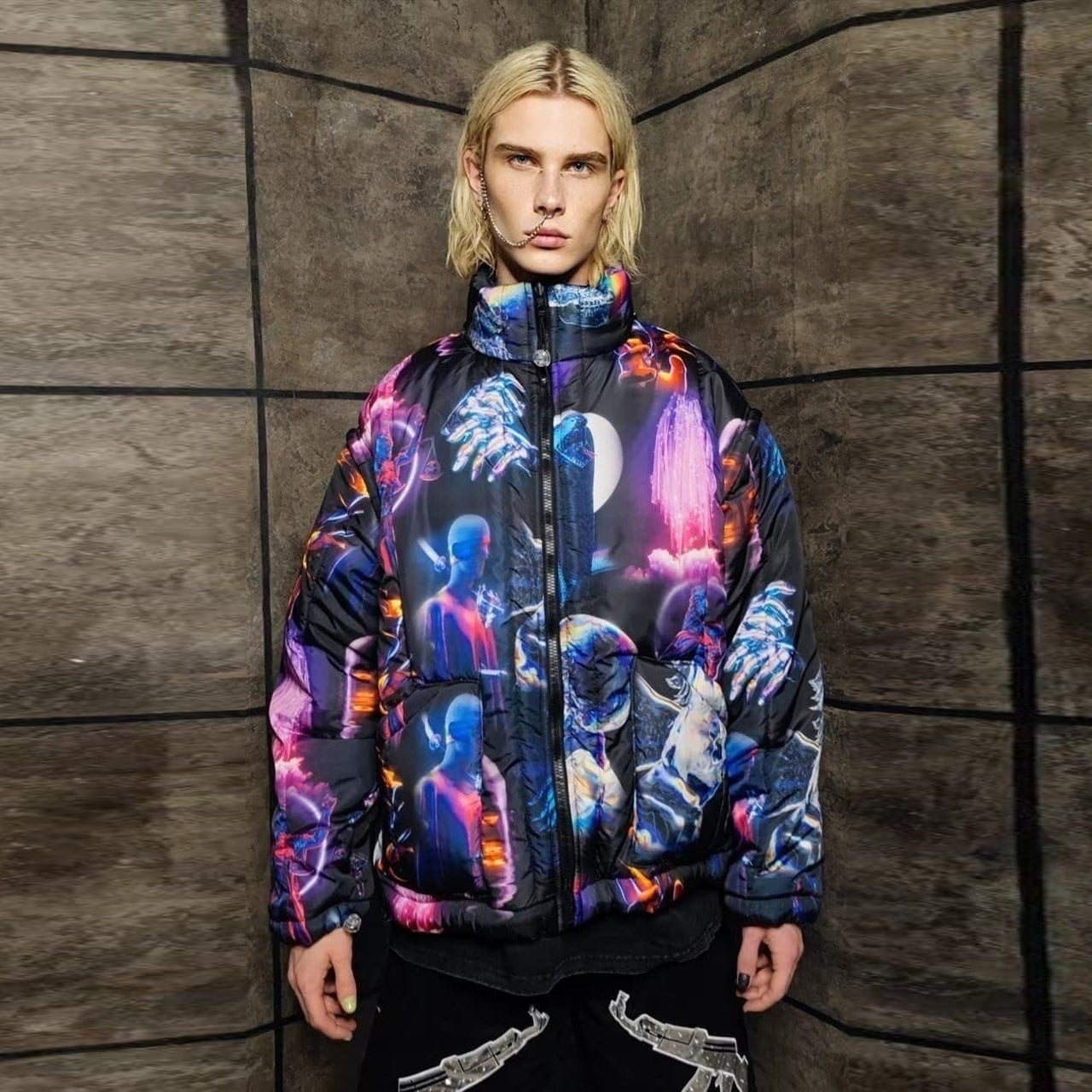 Psychedelic bomber jacket handmade detachable raver puffer