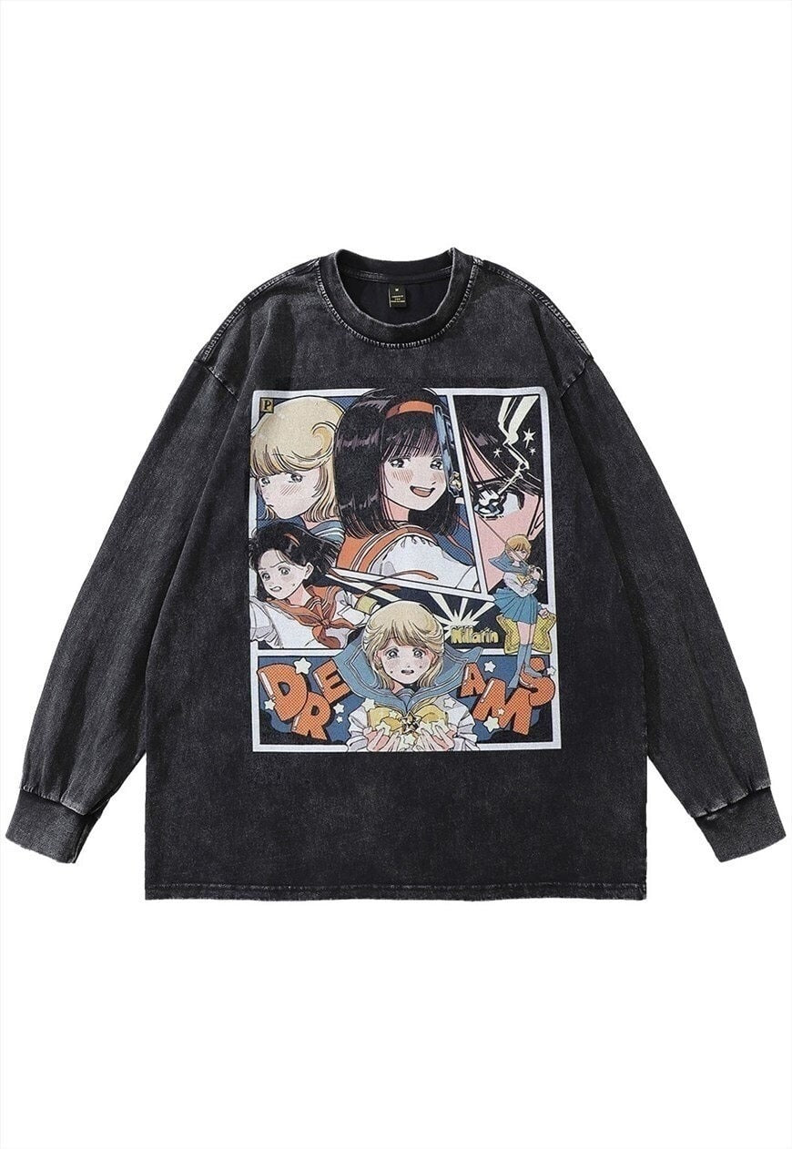 Anime t-shirt Japanese vintage wash top cartoon long tee