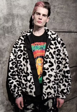 Reversible leopard bomber 70s animal varsity jacket white