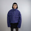 Cropped fleece jacket Asymmetric fluffy bomber box fit geometric coat raised neck aviator jacket quilted pattern short track jacket purple