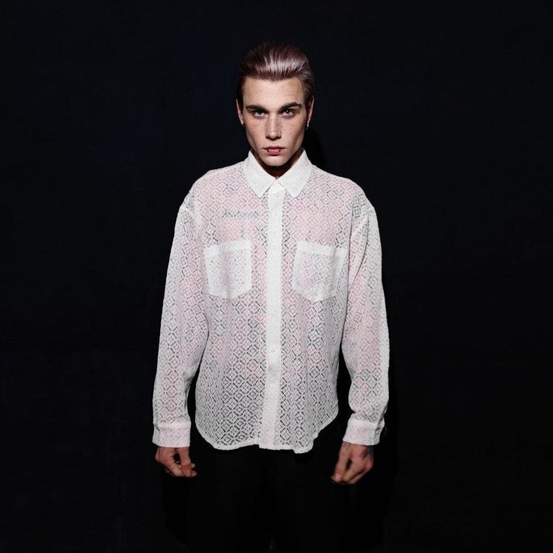 See-through shirt long sleeve transparent crochet blouse sheer party top curved button up transparent festival mesh top in white