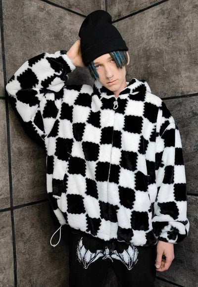 Checkerboard fleece gilet handmade check hoodie jacket white