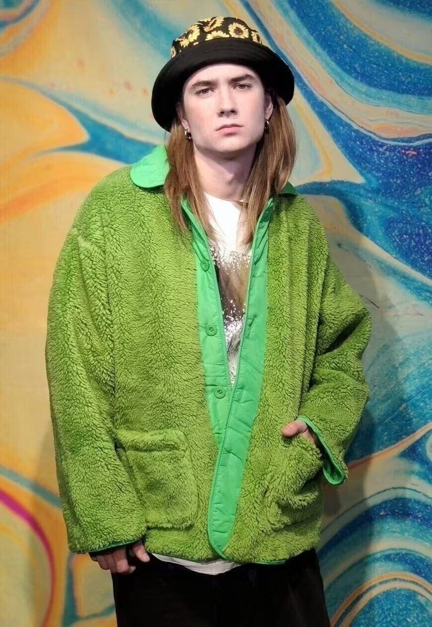 Reversible fleece jacket two sided bright bomber green