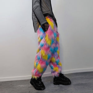 Marshmallow faux fur joggers raver pants fluffy rainbow trousers ski fleece tie-dye unicorn overalls festival bottoms burning man pants pink