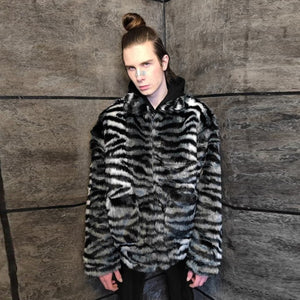 Zebra fleece jacket faux fur stripe fluffy bomber in black