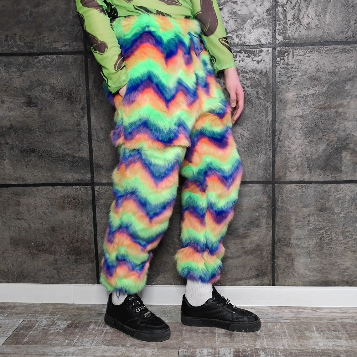 Festival fleece joggers luminous detachable Gay pants handmade fluorescent faux fur raver shorts premium Pride overalls in electric rainbow