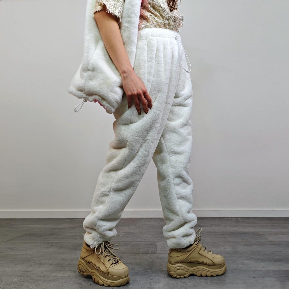 Fleece joggers off white ski fluffy pants faux fur trousers retro comfy overalls fuzzy bottoms golden festival set rave burning man outfit