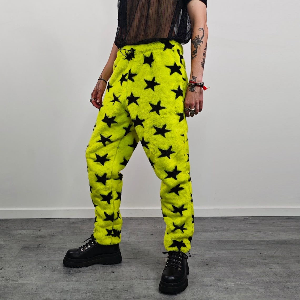 Star print joggers yellow faux fur geometric fleece pants psychedelic trousers handmade raver bottoms festival set