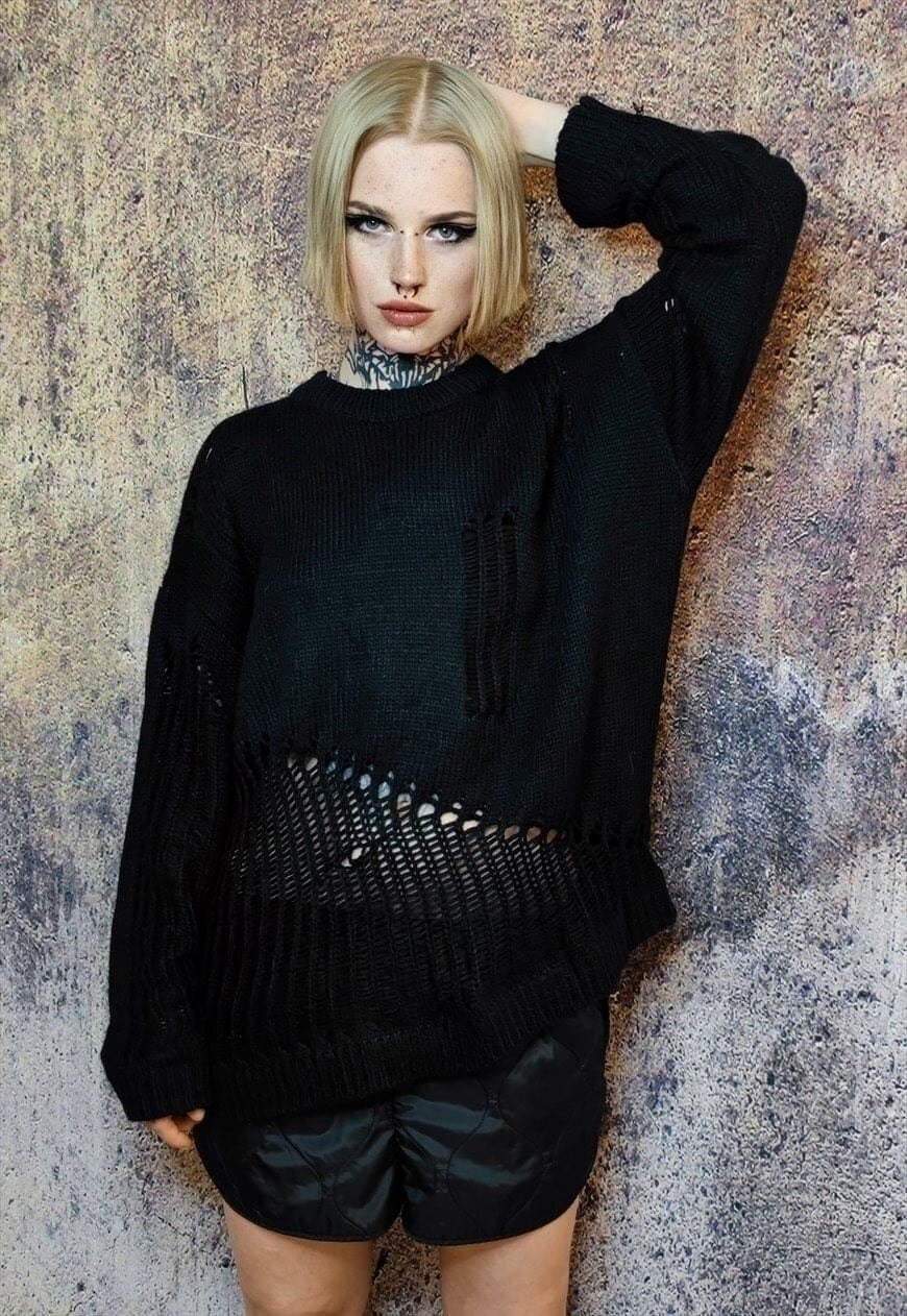 Ripped sweater see-through jumper sheer knitted top in black