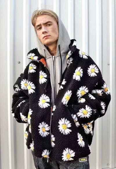 Daisy print fleece jacket handmade sunflower bomber in black