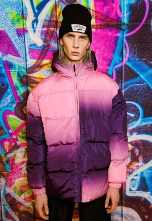 Tie-dye bomber gradient puffer jacket in faded purple pink