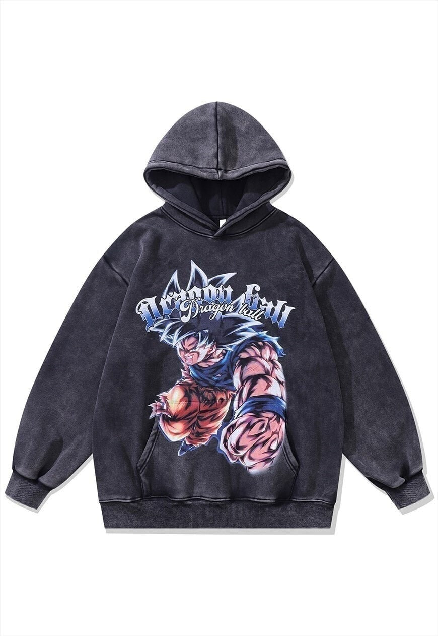 Anime print hoodie vintage wash pullover Dragon ball jumper