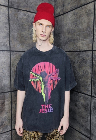 Jesus print t-shirt Gothic vintage wash grunge tee in grey