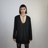 Deep V-neck top revealing blouse solid sweatshirt cut out neck long sleeve t-shirt rocker jumper edgy baggy tee in black