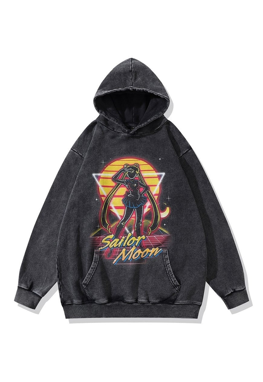 Anime hoodie pullover Japanese top in acid grey