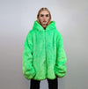 Hooded neon faux fur jacket shaggy coat bright raver bomber fluffy trench winter fleece festival jacket burning man overcoat in green