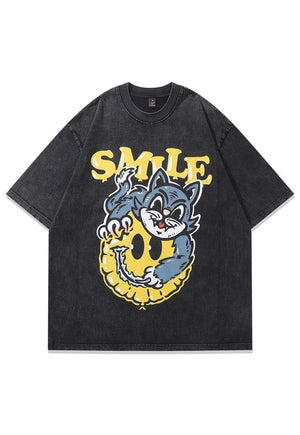 Cat print t-shirt emoji tee retro cartoon top vintage grey