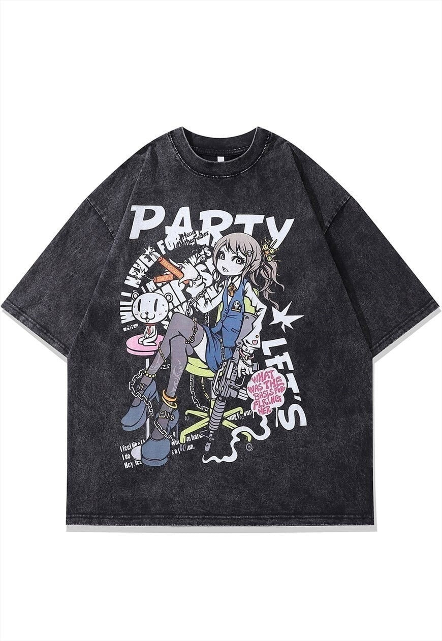 Anime t-shirt Japanese cartoon tee vintage wash top in grey