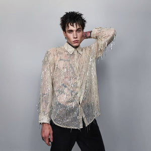 Transparent sequin mesh shirt long sleeve tassels blouse sheer catwalk jumper party see-through top curved shiny festival top in cream