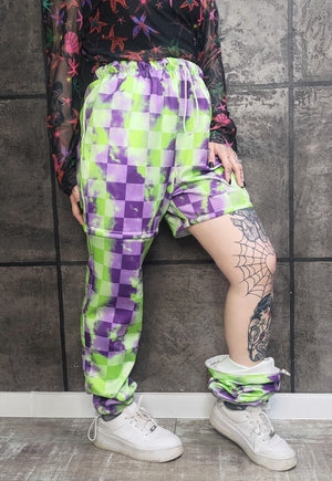 Detachable check joggers handmade shorts tie-dye pants acid