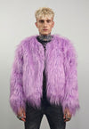 Shaggy fur coat purple collarless cropped festival trench