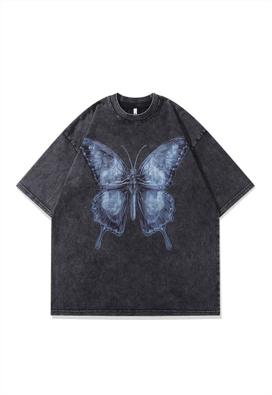 Butterfly print t-shirt psychedelic tee retro top in grey