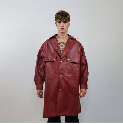 Mid length faux leather coat PU utility trench jacket gorpcore raver varsity going out rubbery high fashion puffer in burgundy red