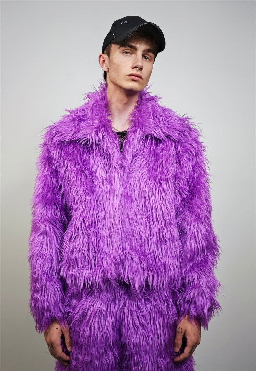 Shaggy faux fur jacket purple hairy fuzzy rave festival coat