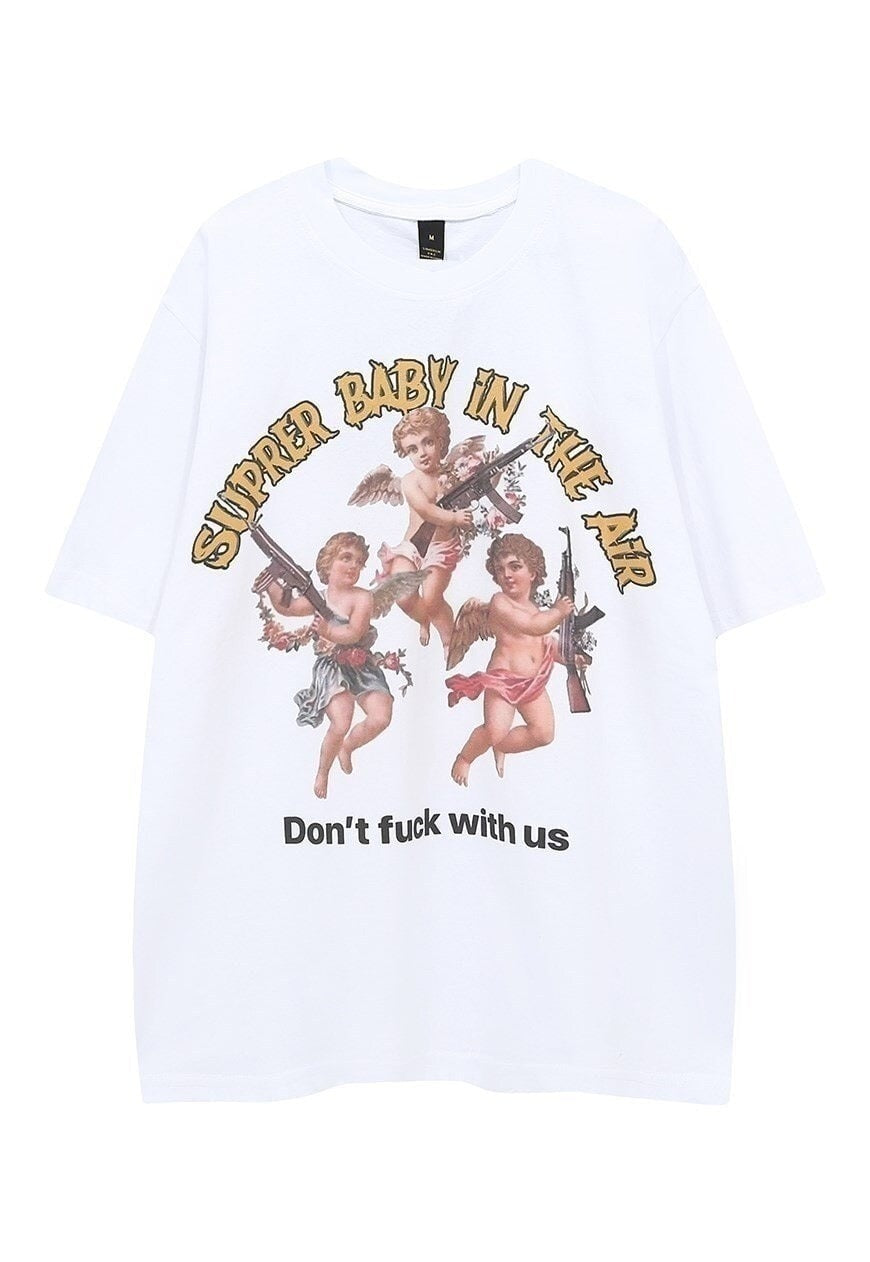 Angel print t-shirt baby slogan tee retro saint top in white