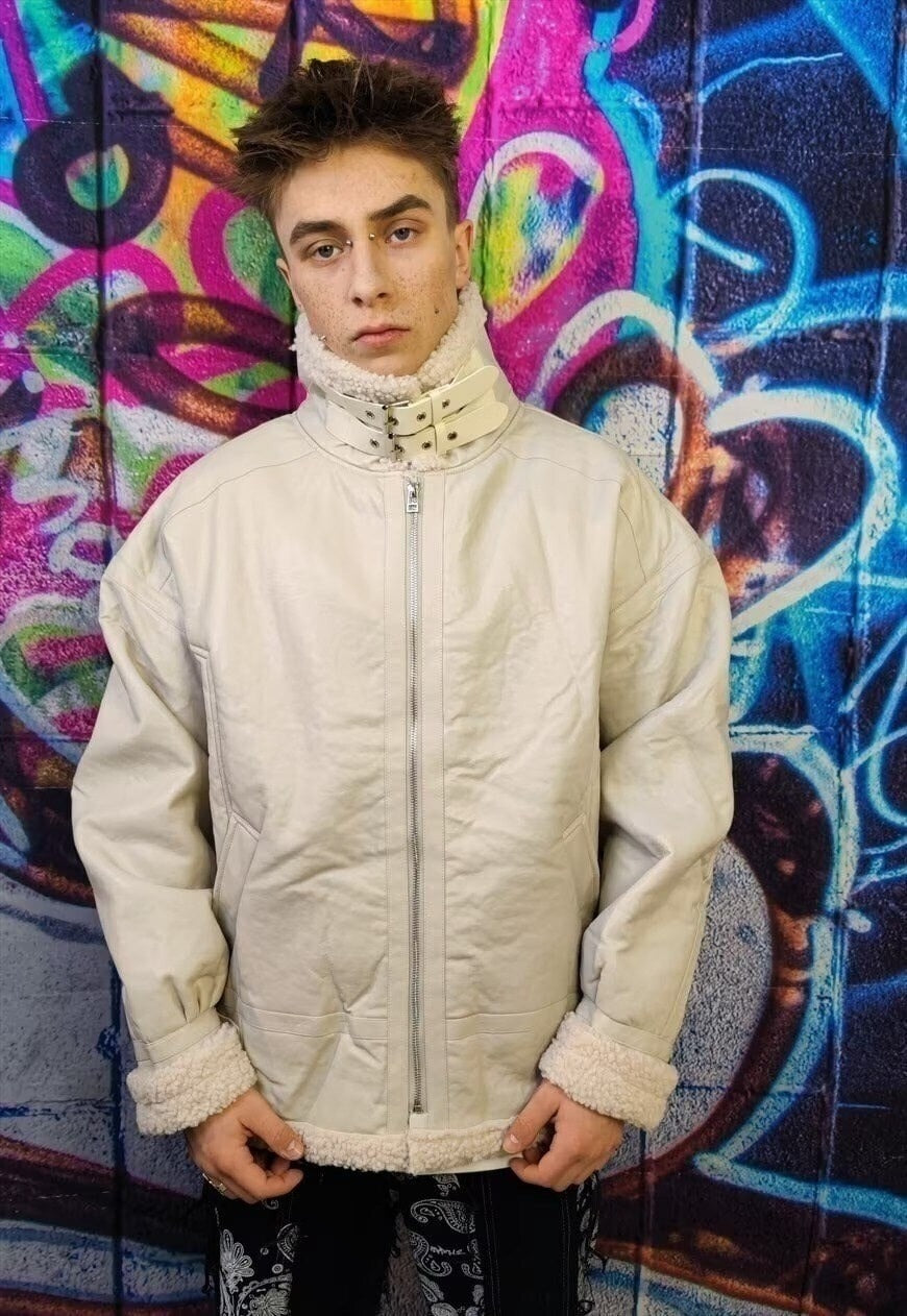 Fleece lined aviator jacket creased biker bomber off white