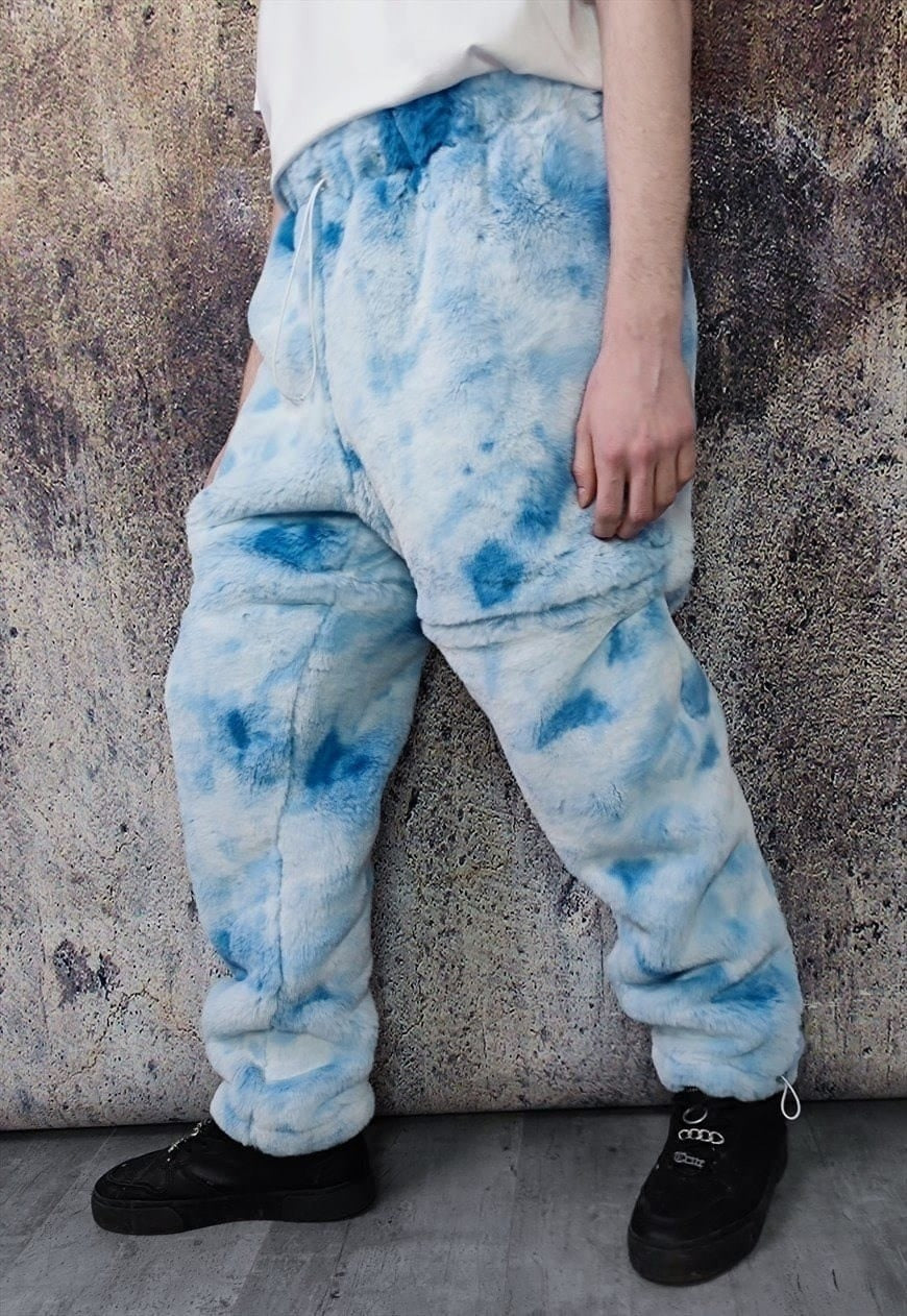 Tie-dye faux fur joggers fleece pants 2 in 1 trouser shorts
