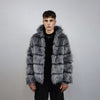 Striped fox fur jacket hooded grey shaggy mink coat fuzzy going out bomber mountain party fleece fancy dress fluffy peacoat rocker overcoat