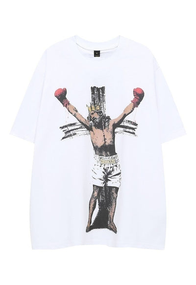 Boxing print t-shirt Jesus tee retro boxer top in white