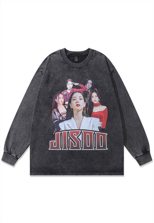 Jisoo t-shirt vintage wash singer print long tee vintage top