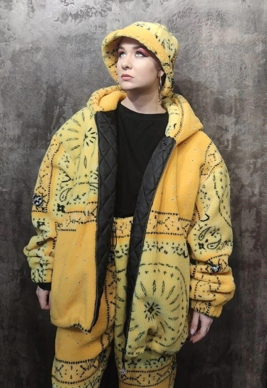 Paisley fleece jacket yellow bandanna faux fur fluffy bomber