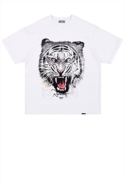 Tiger print t-shirt grunge top angry animal tee in white