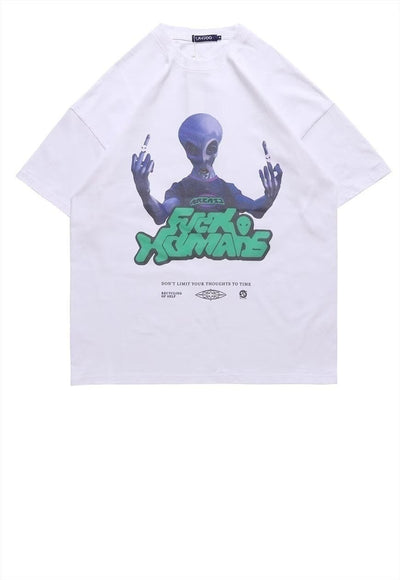 Alien print t-shirt Cyber tee retro UFO top in white