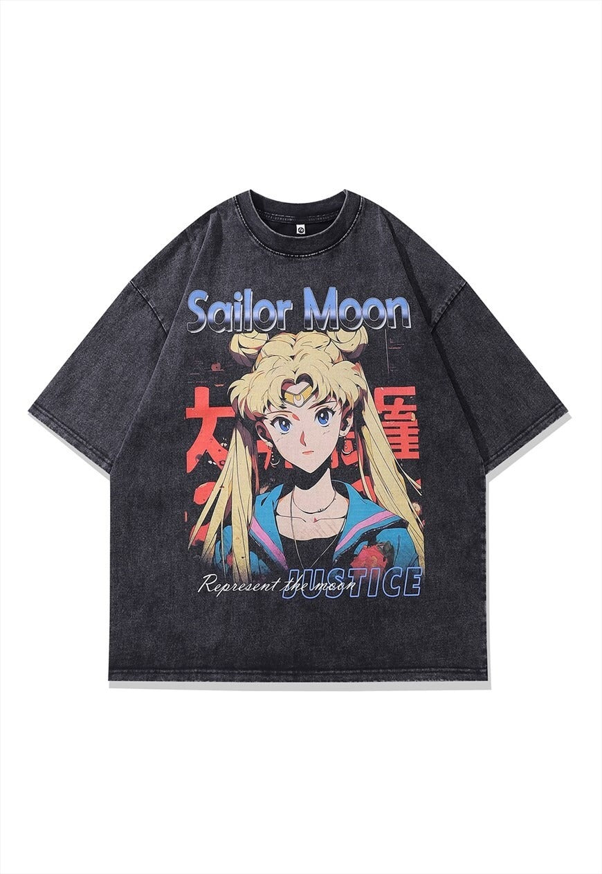 Anime print t-shirt  retro Japanese top grey