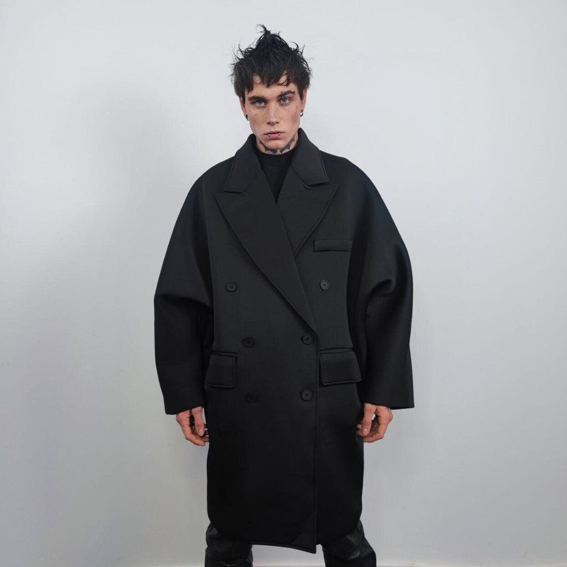 Oversize double breasted coat Gothic trench baggy catwalk jacket long punk bomber gorpcore coat formal event varsity fancy dress coat black