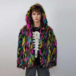 Hooded faux fur stripe neon jacket festival bomber rave coat