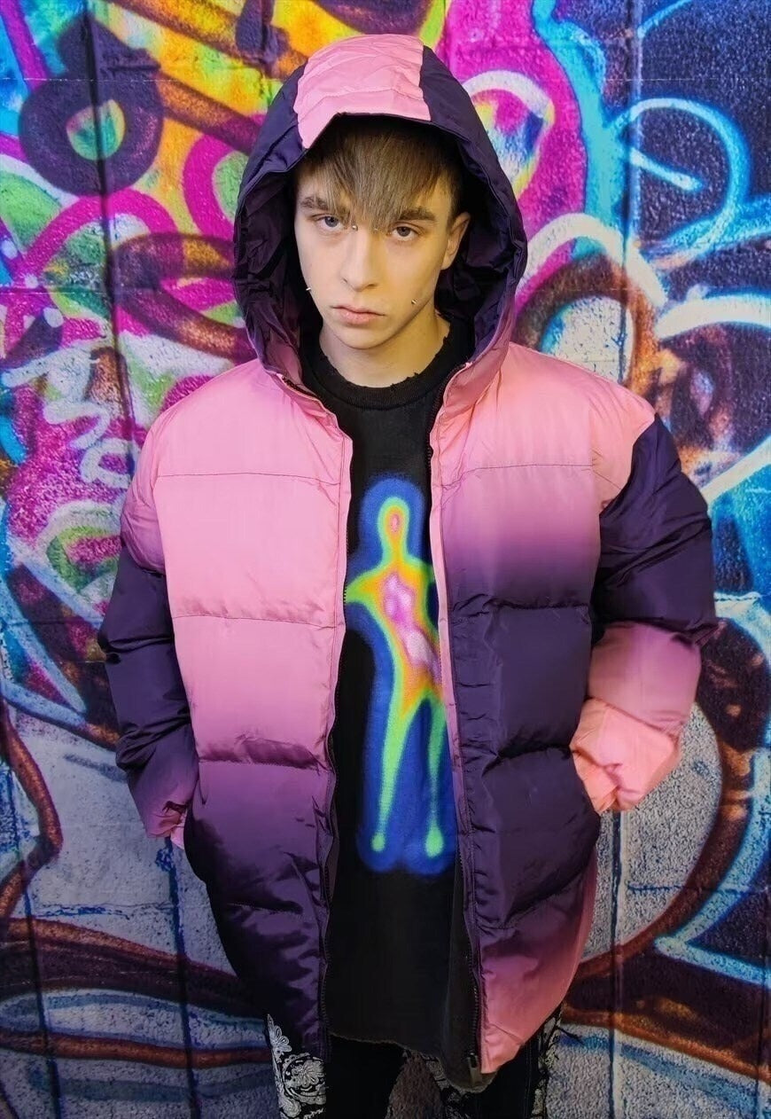 Tie-dye bomber gradient puffer jacket in faded purple pink