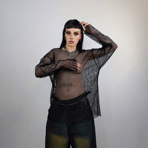 Transparent mesh top long sleeve sheer jumper net sweatshirt see-through punk jumper thin going out party t-shirt catwalk tee in black