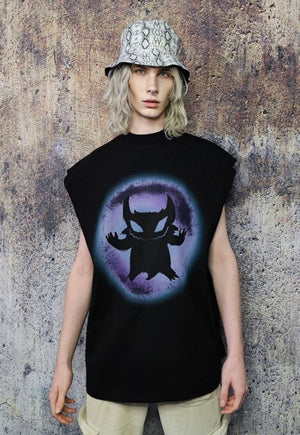 Devil print sleeveless t-shirt raver tank top surfer vest