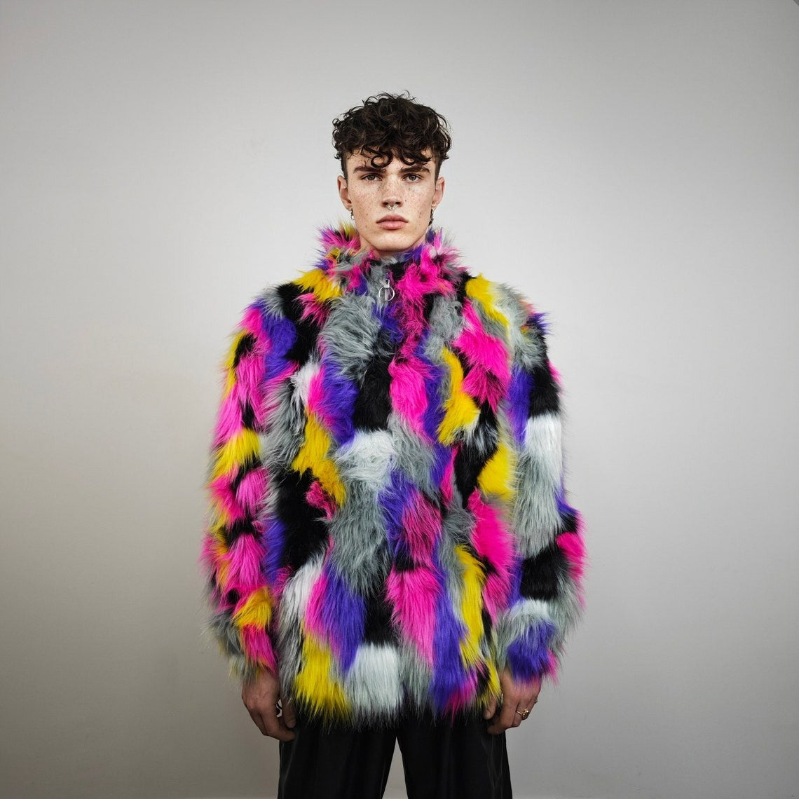 Patch faux fur jacket raised neck coat bright raver bomber fluffy rainbow fleece bright festival track jacket burning man overcoat pink grey