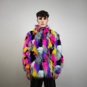 Patch faux fur jacket raised neck coat bright raver bomber fluffy rainbow fleece bright festival track jacket burning man overcoat pink grey