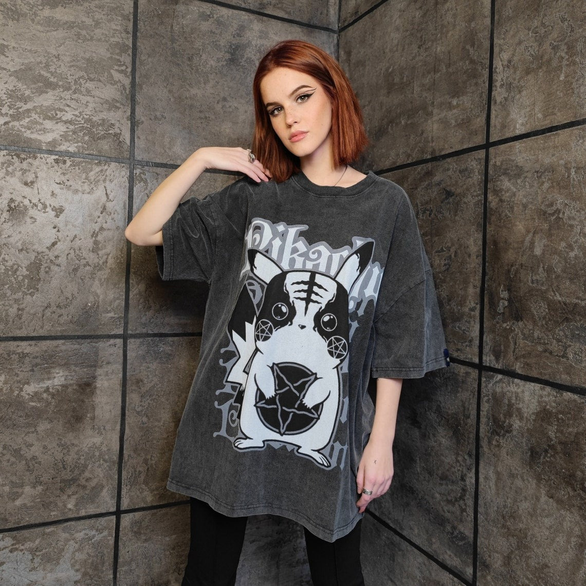 Pokemon t-shirt premium vintage wash Pikachu tee retro Nintendo grunge top Gothic cartoon jumper in acid grey
