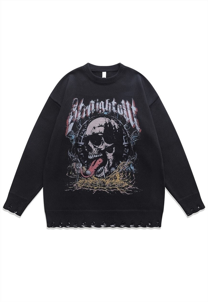 Skull sweater scary knit distressed bones jumper in black