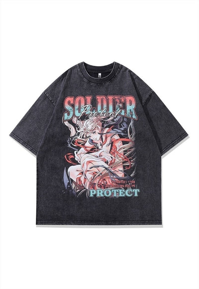 Anime print t-shirt Soldier slogan tee retro Japan top grey