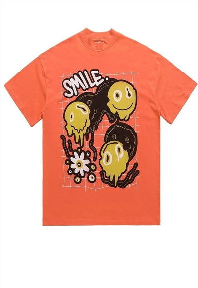 Emoji print t-shirt grunge tee retro raver smile top orange